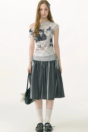 Cat Shadow Off-Shoulder Mesh T-Shirt