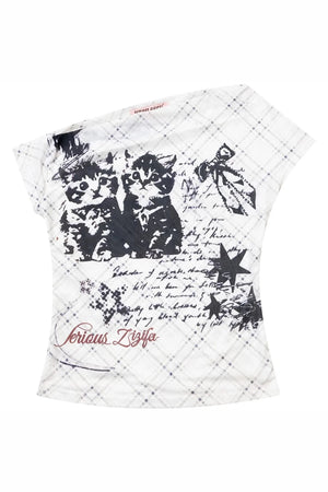 Cat Shadow Off-Shoulder Mesh T-Shirt