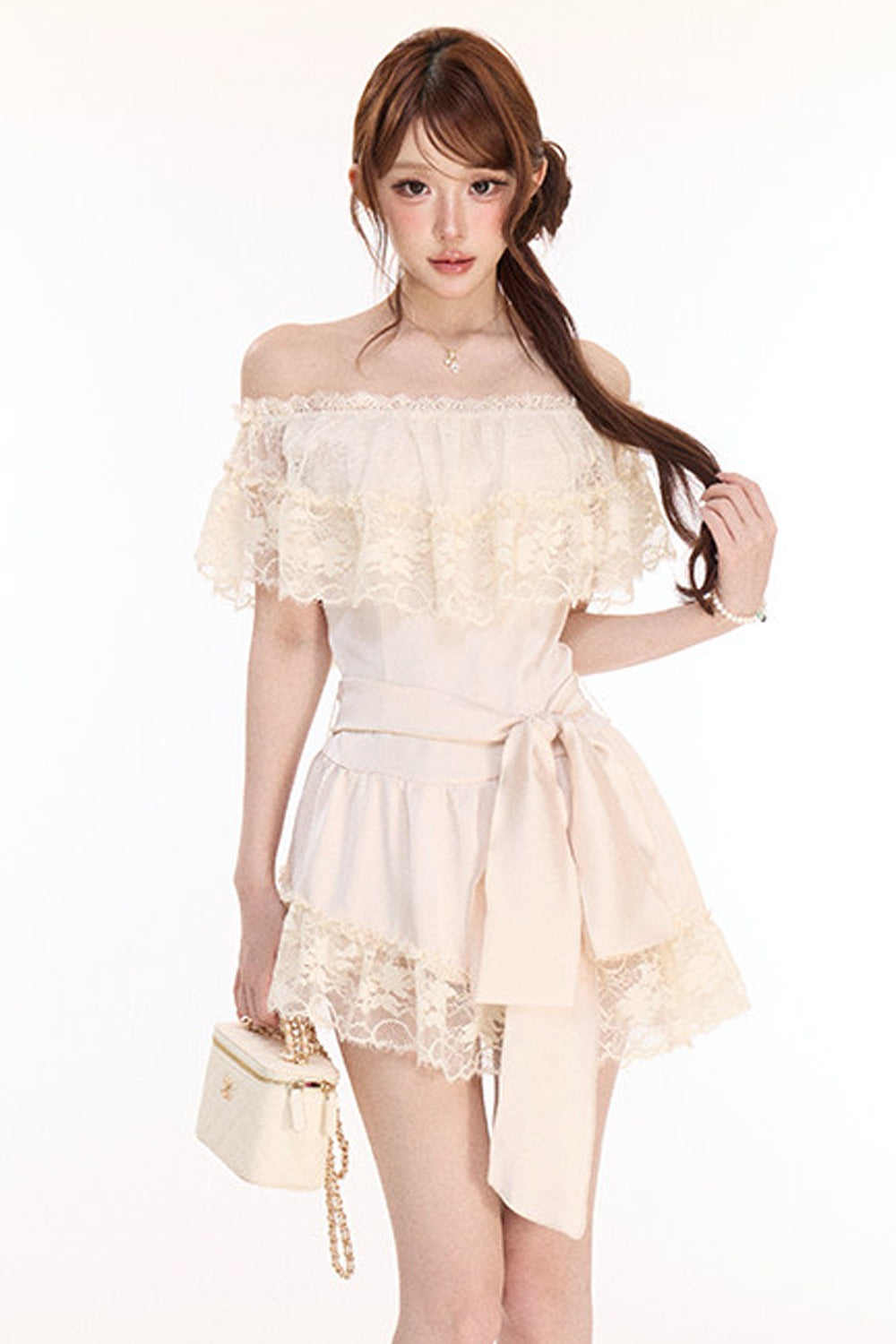 Champagne Satin Lace Off-Shoulder Dress