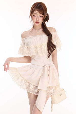 Champagne Satin Lace Off-Shoulder Dress