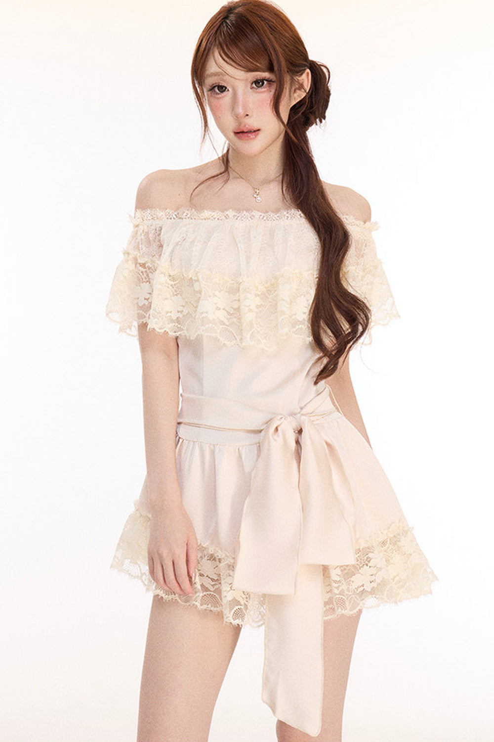 Champagne Satin Lace Off-Shoulder Dress