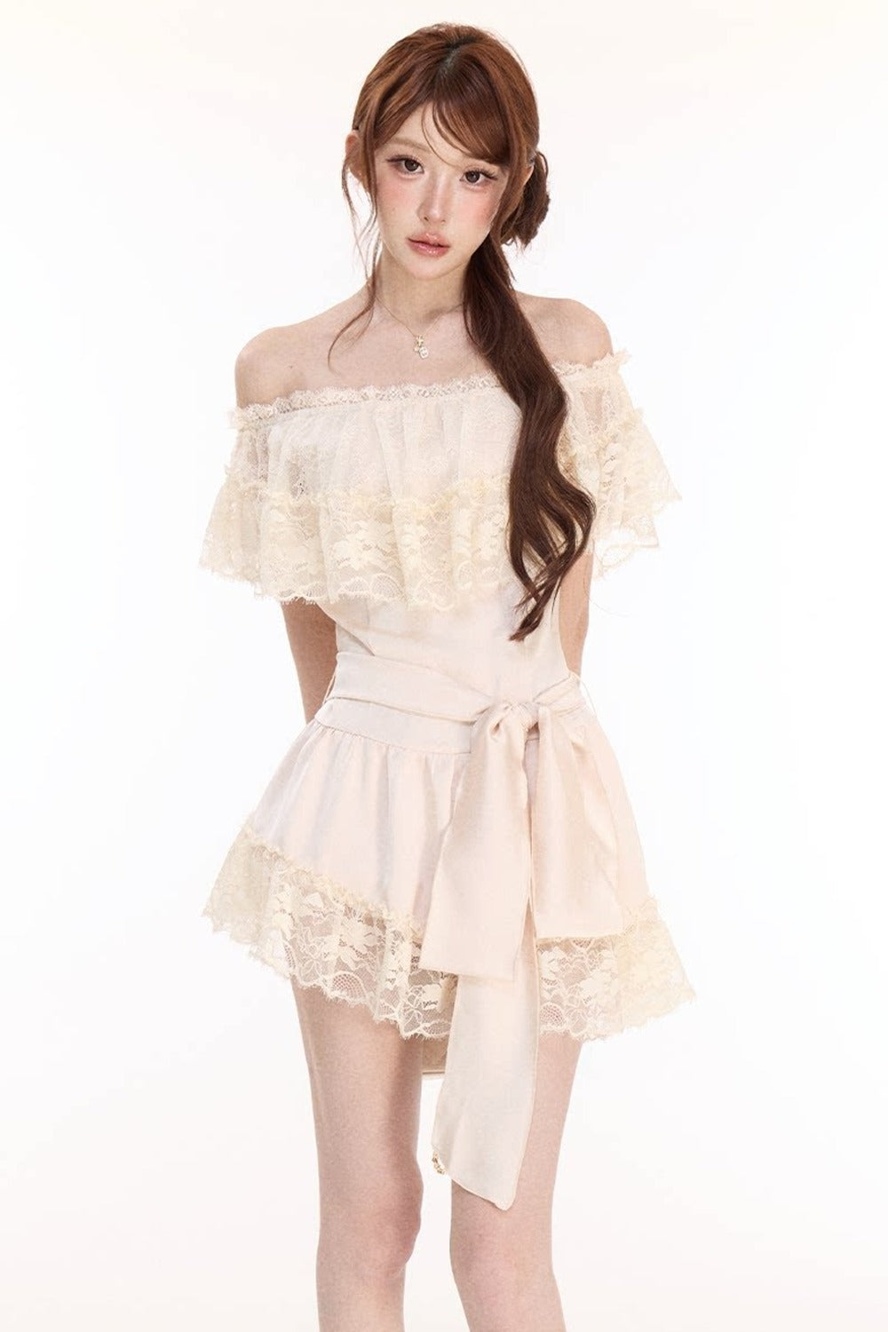Champagne Satin Lace Off-Shoulder Dress