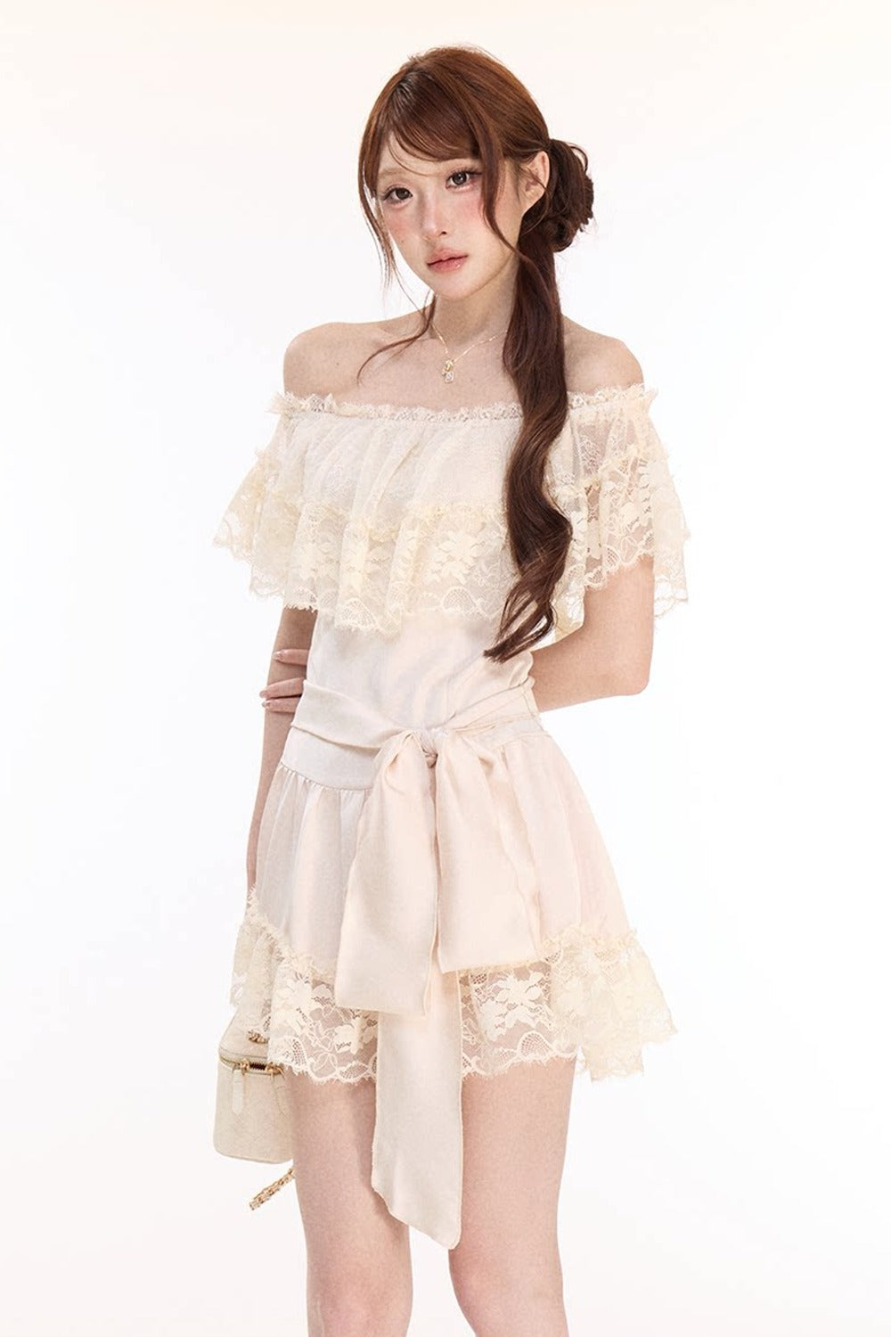 Champagne Satin Lace Off-Shoulder Dress