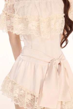 Champagne Satin Lace Off-Shoulder Dress