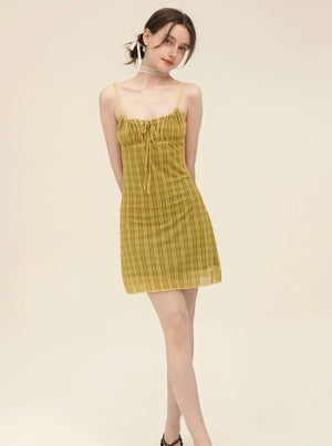 Check Stretch Mesh Slip Dress