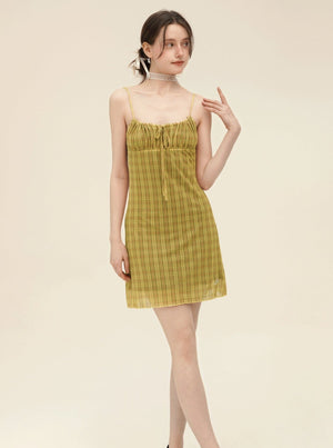 Check Stretch Mesh Slip Dress