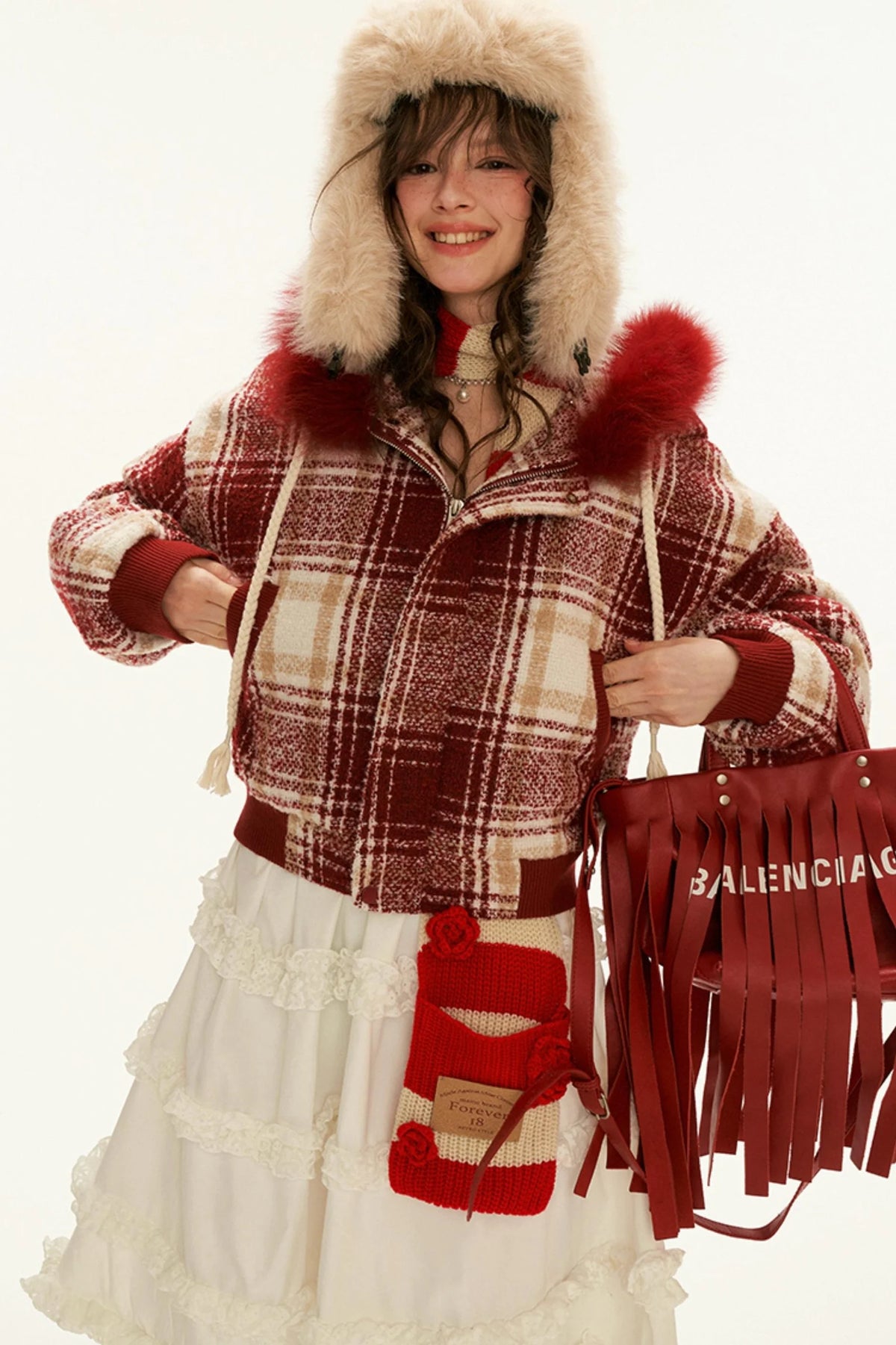 Checked Shearling Hood Jacket
