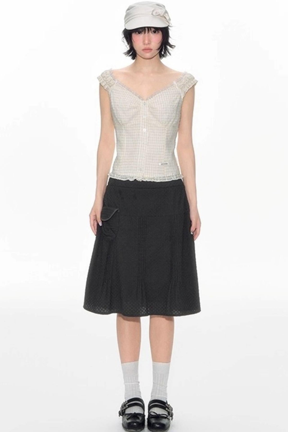 Checked Sleeveless One-Shoulder Shirt Set-Up