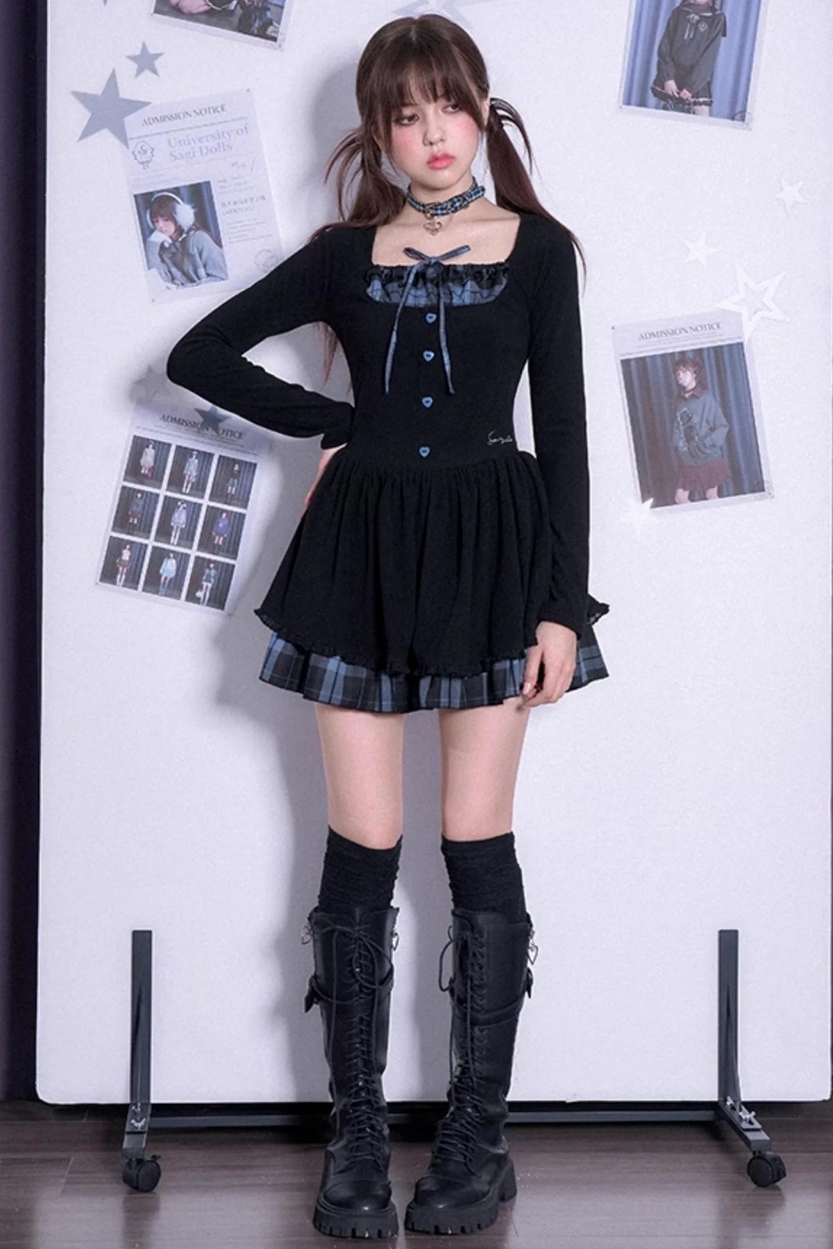 Checkered Long Sleeve Knit Dress