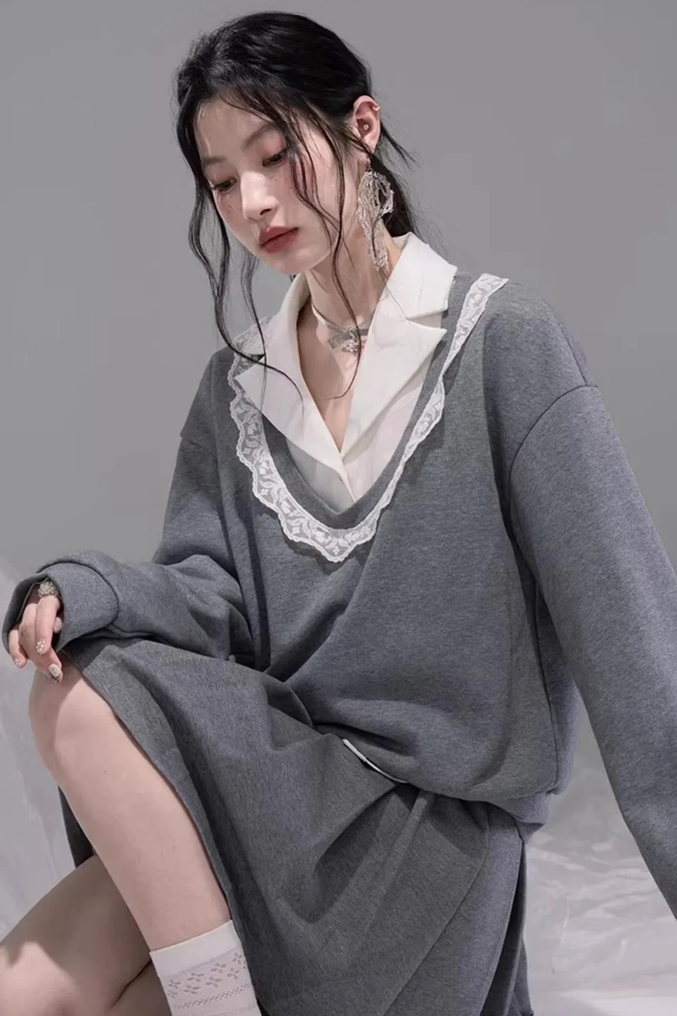 Chenwu Gray Pleated Three-Piece Set