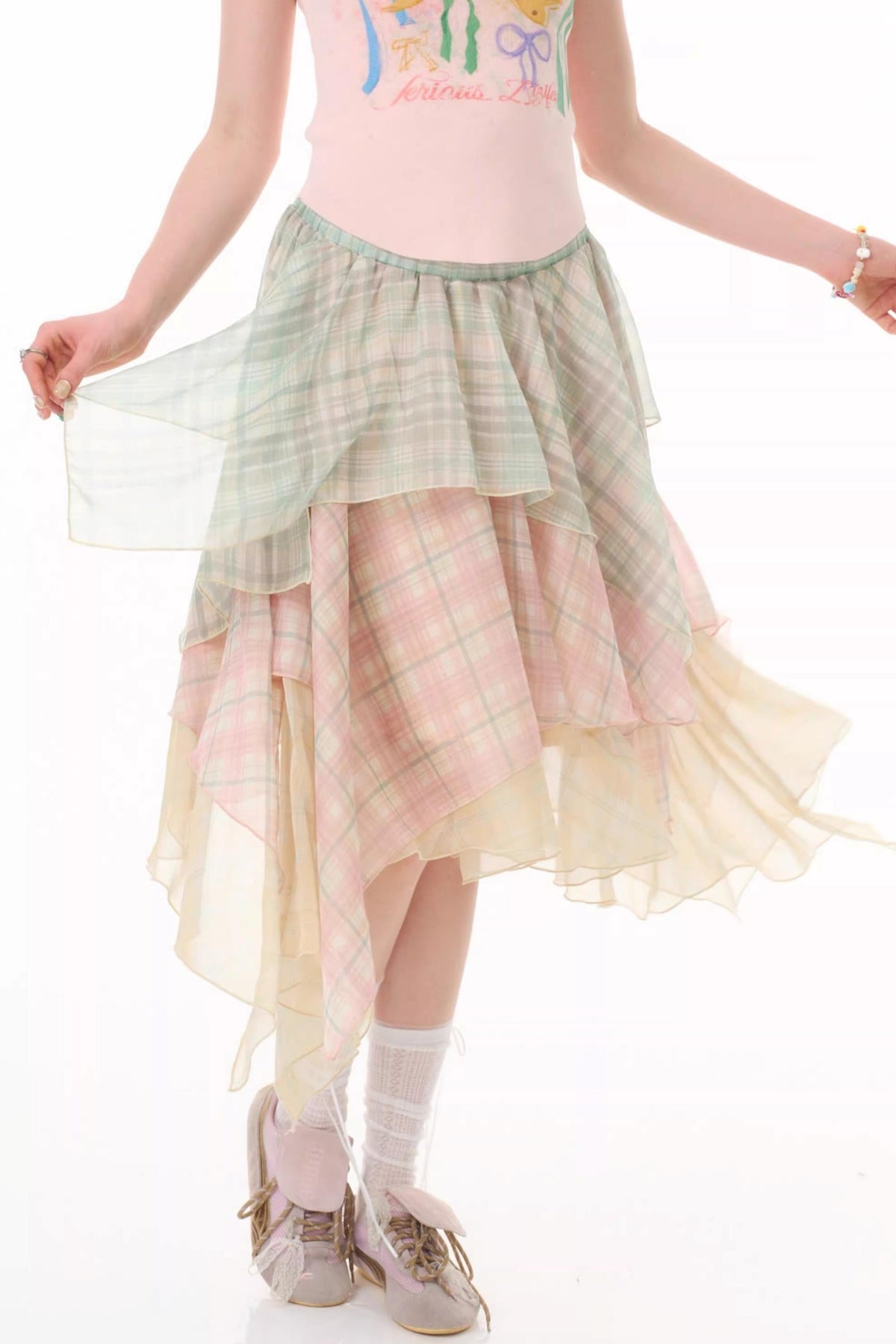 Cherry Blossom Plaid Chiffon Skirt
