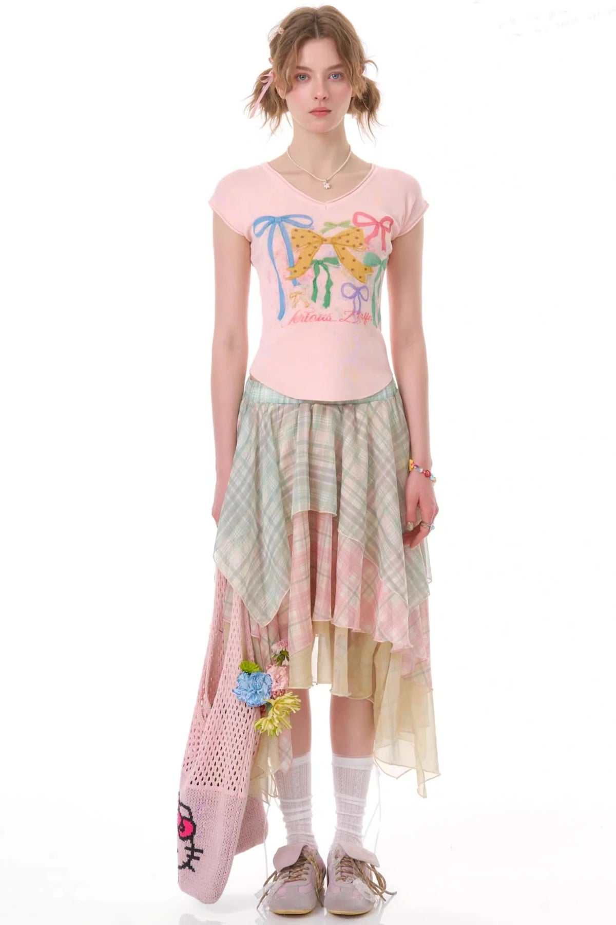 Cherry Blossom Plaid Chiffon Skirt