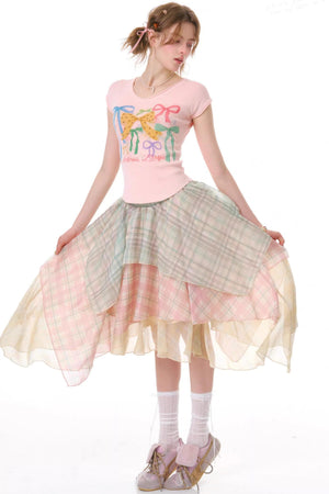 Cherry Blossom Plaid Chiffon Skirt