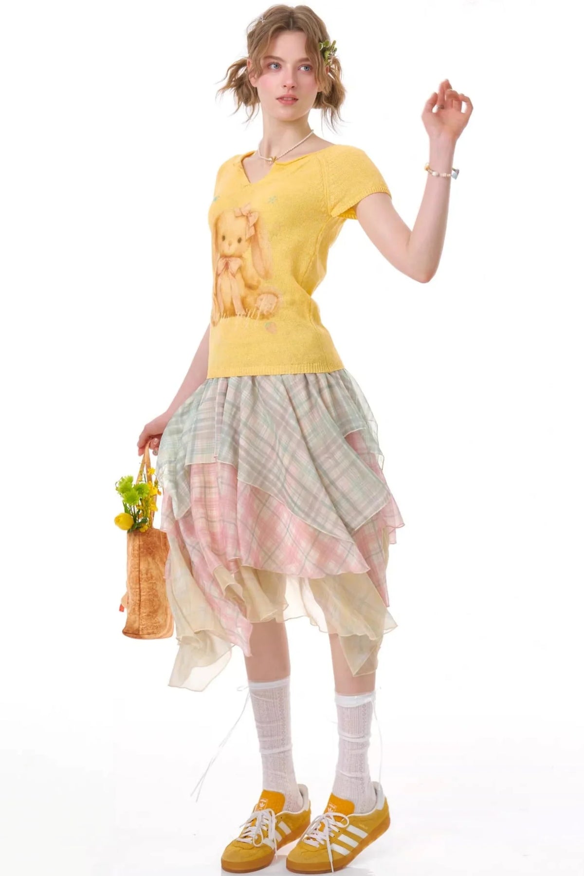 Cherry Blossom Plaid Chiffon Skirt
