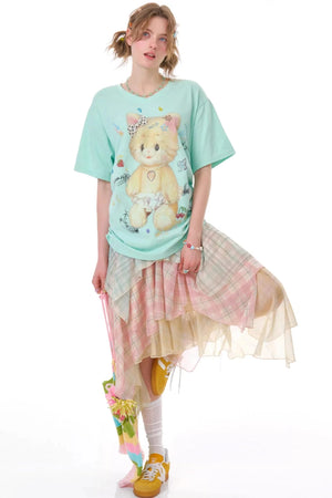 Cherry Blossom Plaid Chiffon Skirt