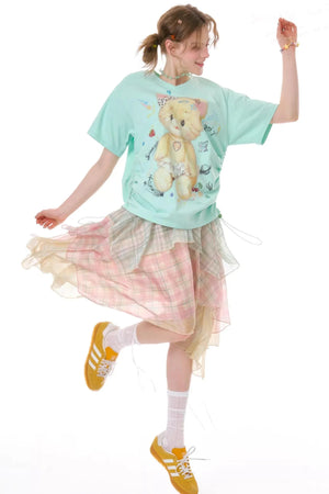Cherry Blossom Plaid Chiffon Skirt