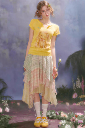 Cherry Blossom Plaid Chiffon Skirt