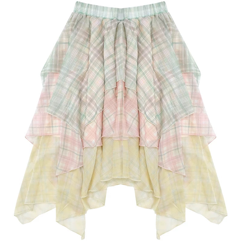 Cherry Blossom Plaid Chiffon Skirt
