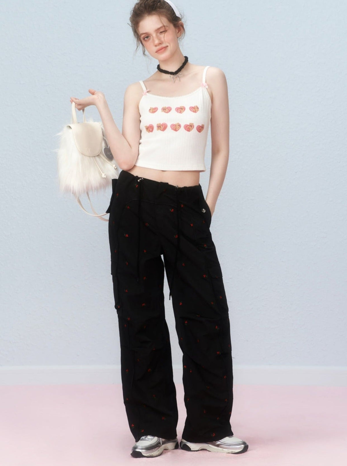 Cherry embroidered cargo pants
