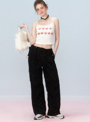 Cherry embroidered cargo pants