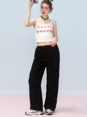 Cherry embroidered cargo pants