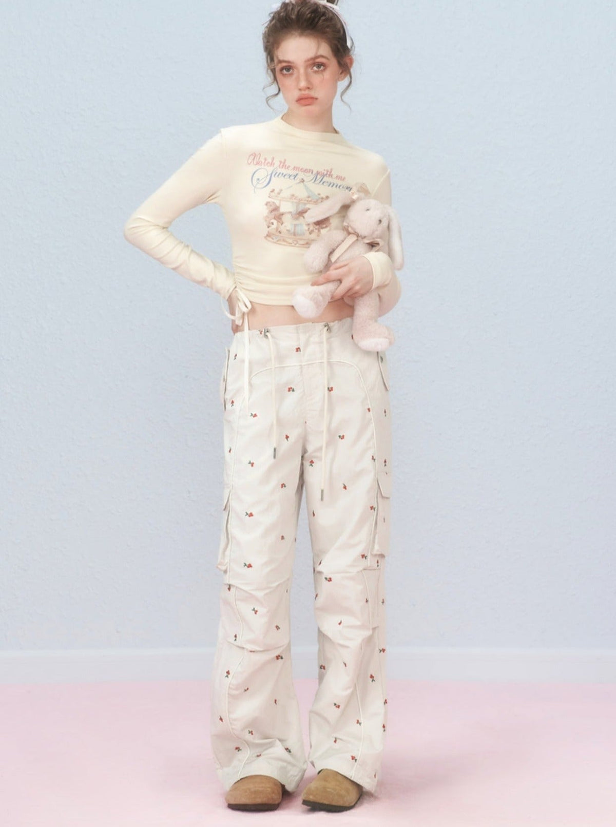 Cherry embroidered cargo pants