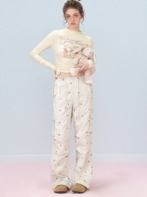Cherry embroidered cargo pants