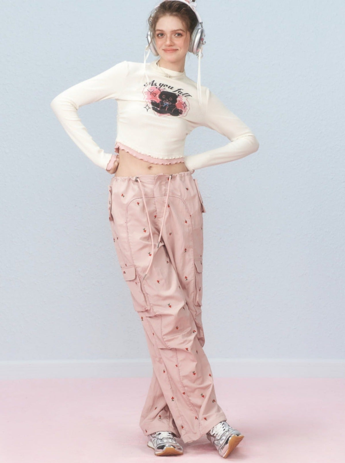 Cherry embroidered cargo pants