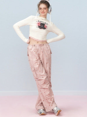 Cherry embroidered cargo pants