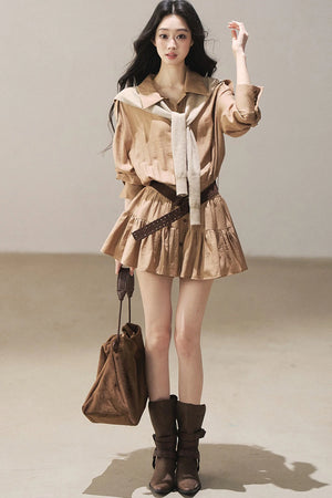 Chestnut Brown Shirt Dress And Pants Set-Up