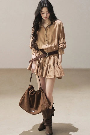Chestnut Brown Shirt Dress And Pants Set-Up