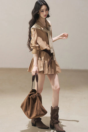 Chestnut Brown Shirt Dress And Pants Set-Up