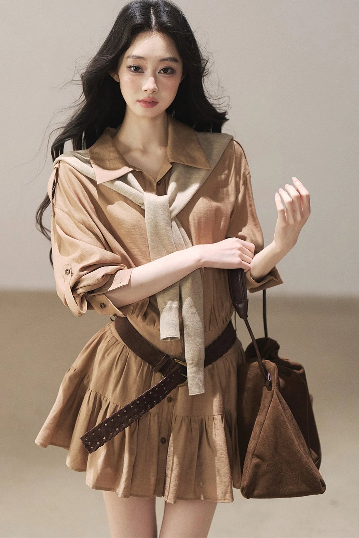 Chestnut Brown Shirt Dress And Pants Set-Up