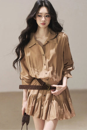 Chestnut Brown Shirt Dress And Pants Set-Up