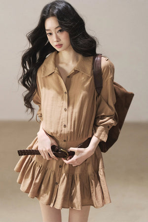 Chestnut Brown Shirt Dress And Pants Set-Up