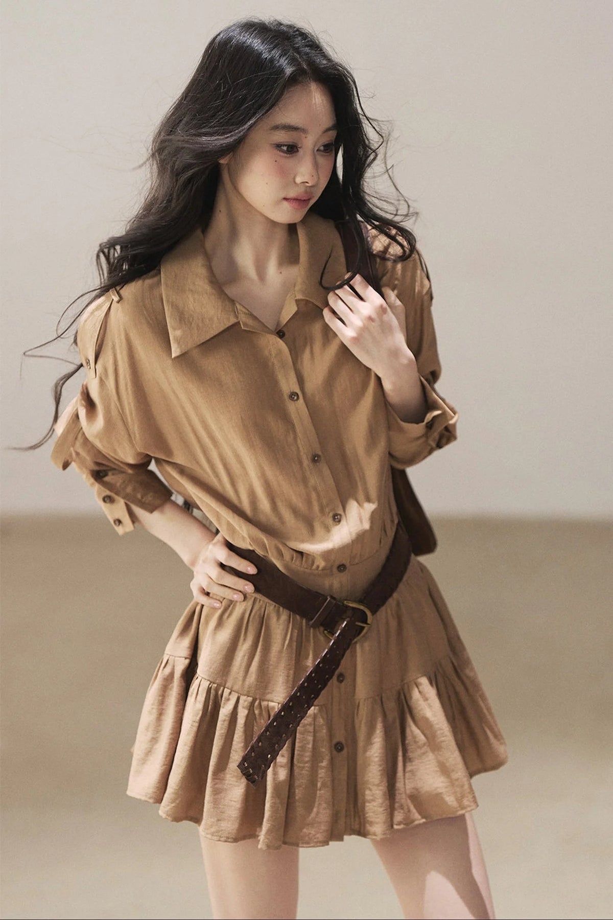 Chestnut Brown Shirt Dress And Pants Set-Up