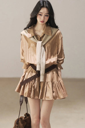 Chestnut Brown Shirt Dress And Pants Set-Up