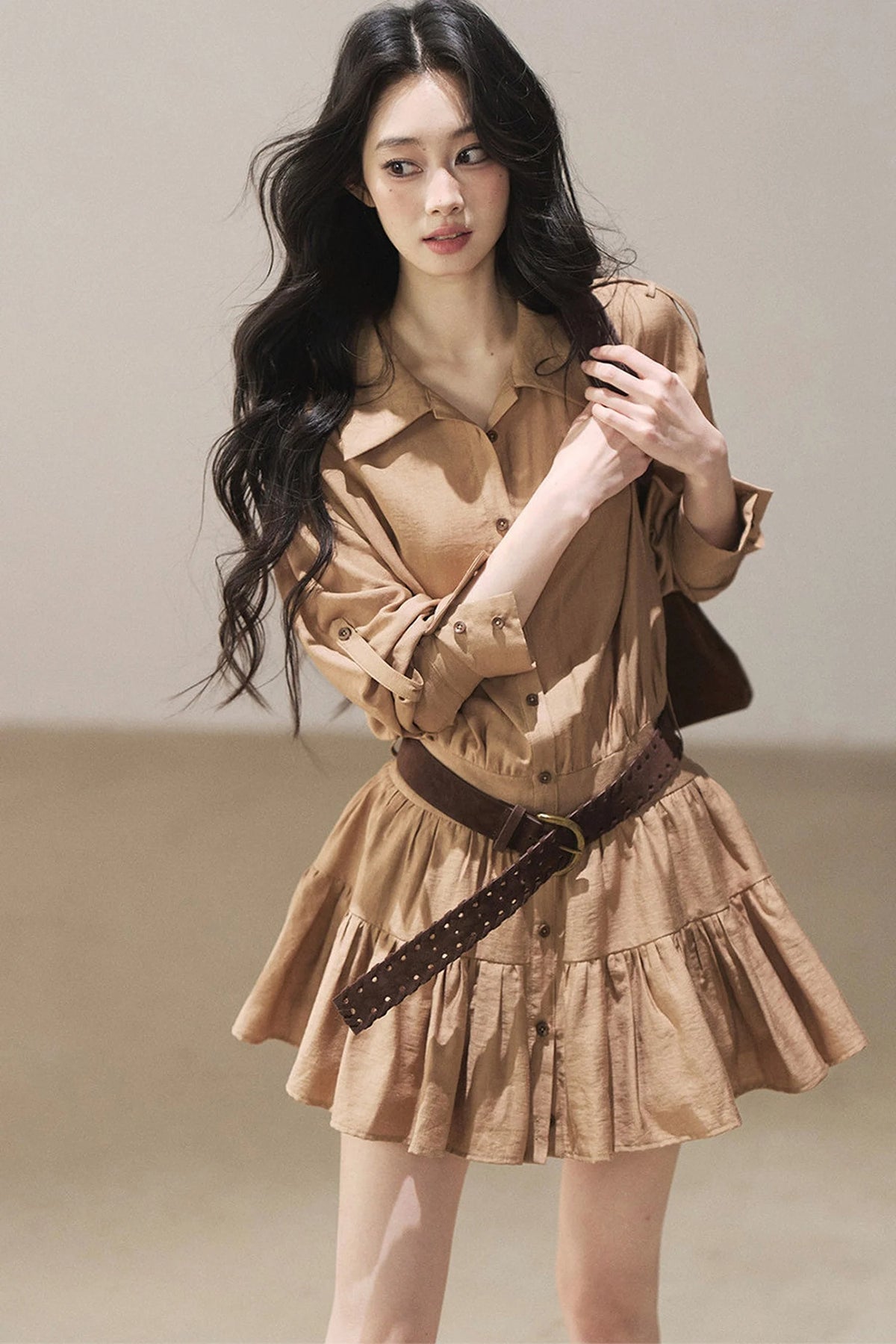 Chestnut Brown Shirt Dress And Pants Set-Up