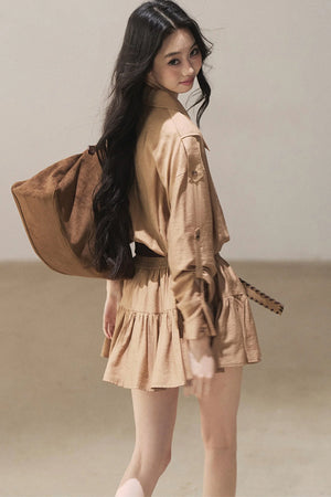 Chestnut Brown Shirt Dress And Pants Set-Up