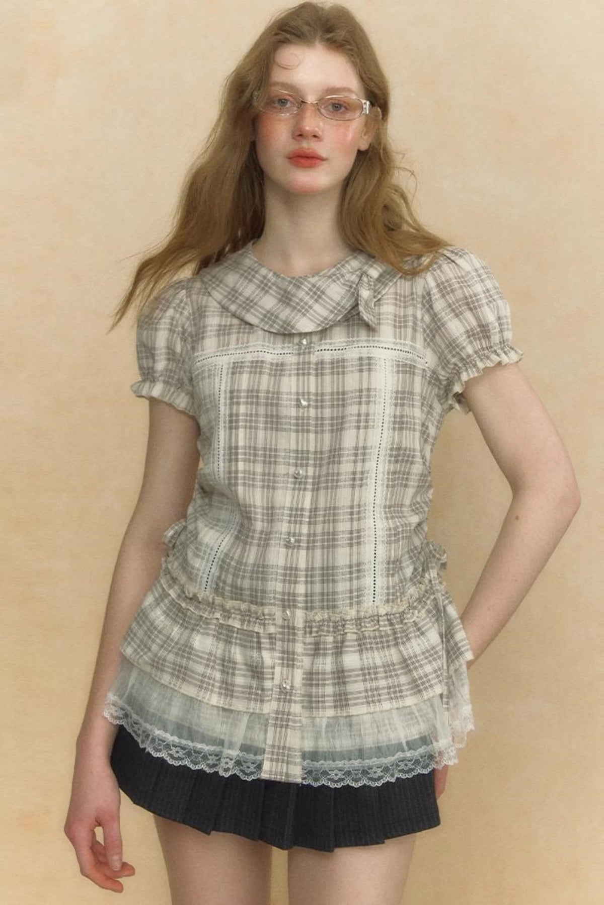 Chic Beige Stripe Lace Puff Sleeve Shirt