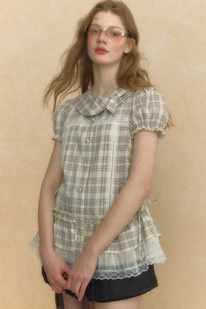 Chic Beige Stripe Lace Puff Sleeve Shirt