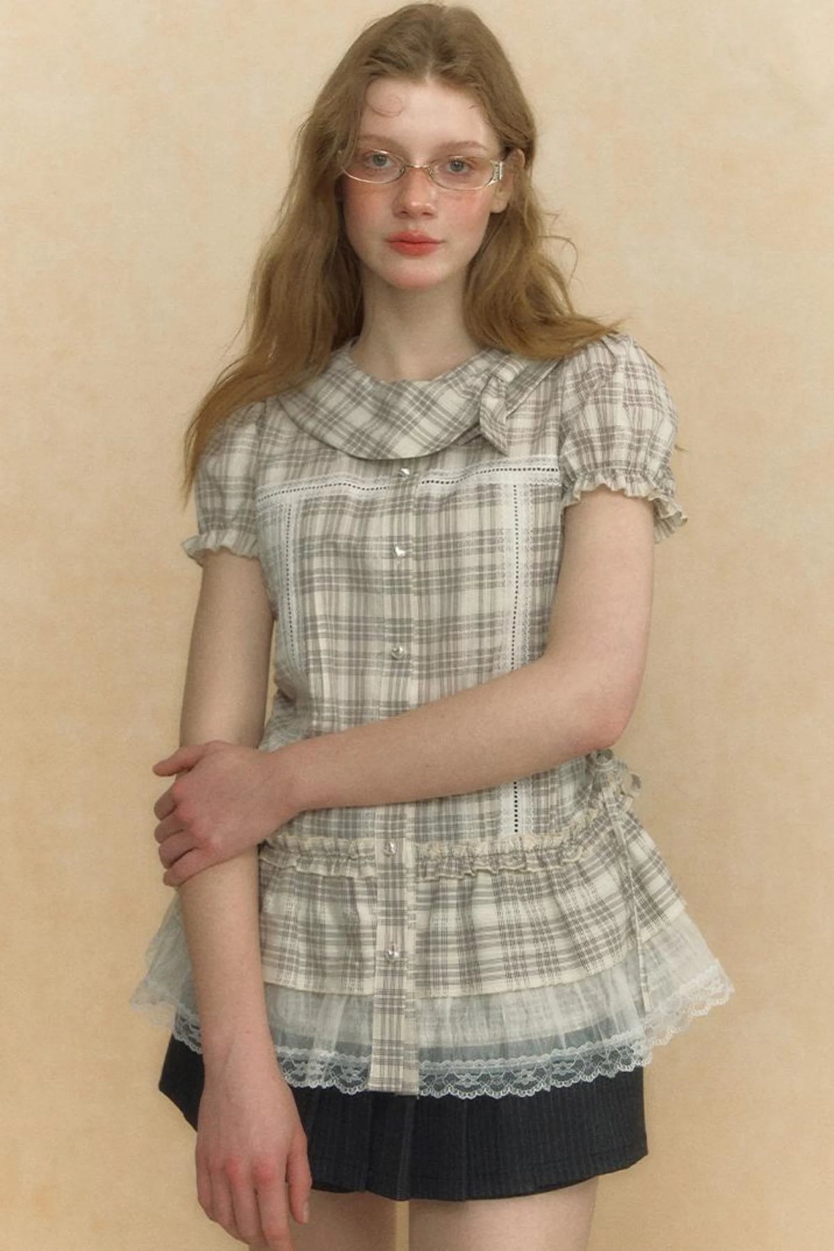 Chic Beige Stripe Lace Puff Sleeve Shirt