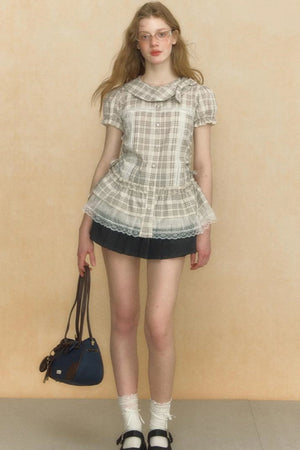 Chic Beige Stripe Lace Puff Sleeve Shirt