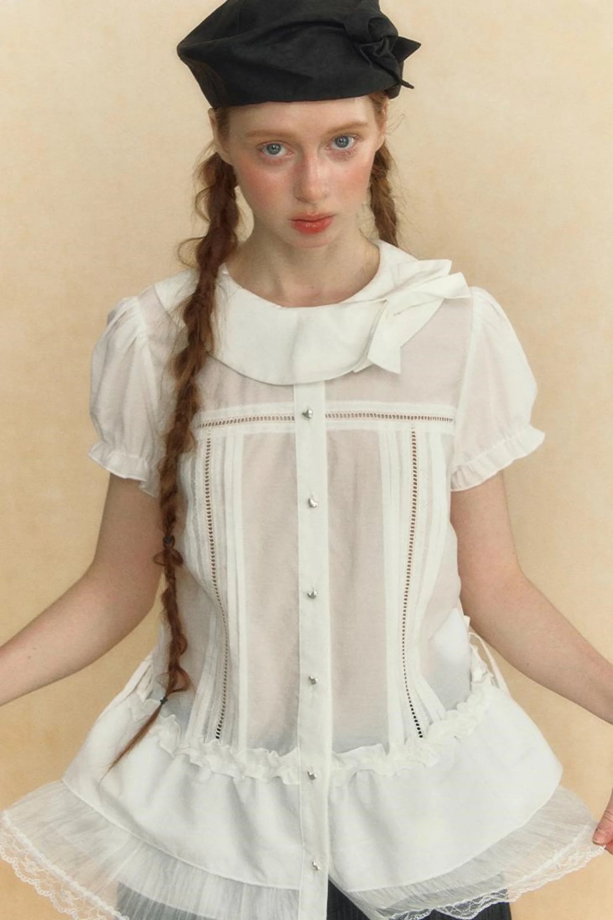 Chic Beige Stripe Lace Puff Sleeve Shirt