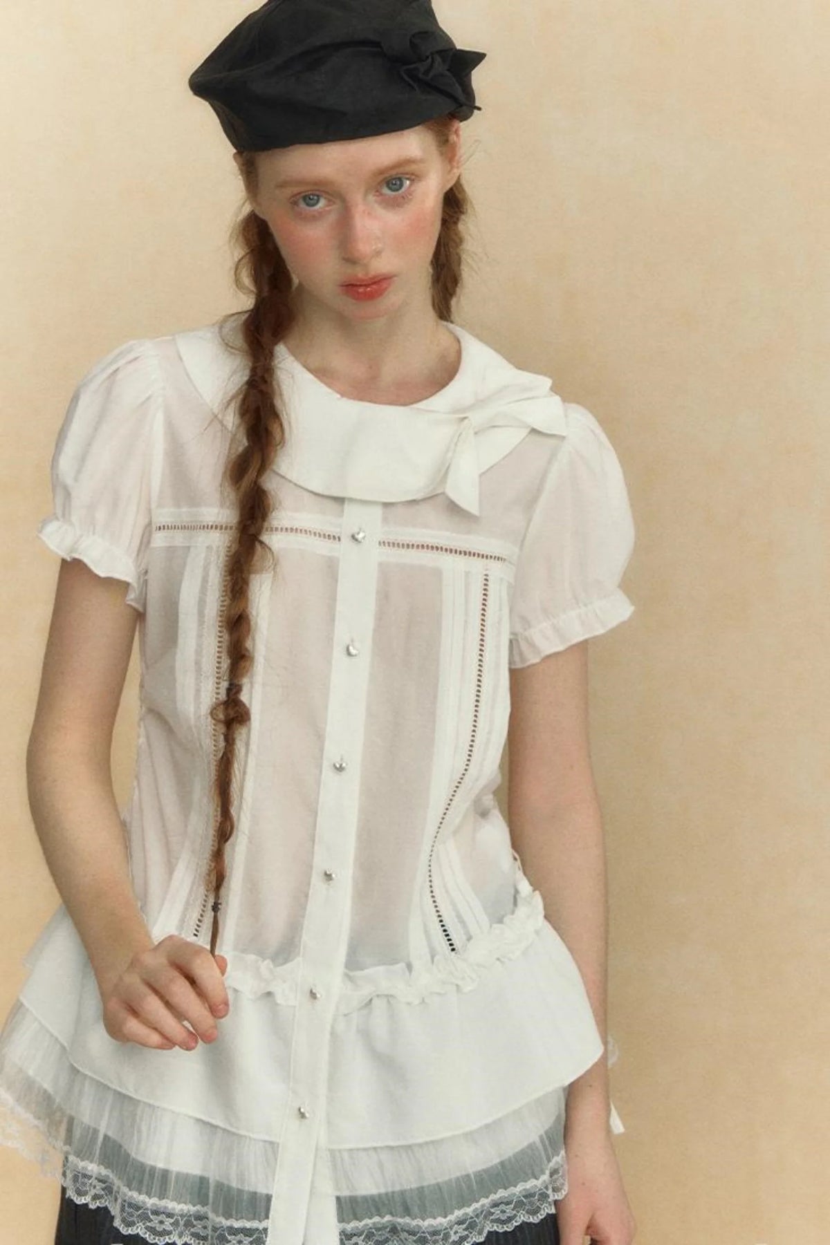 Chic Beige Stripe Lace Puff Sleeve Shirt