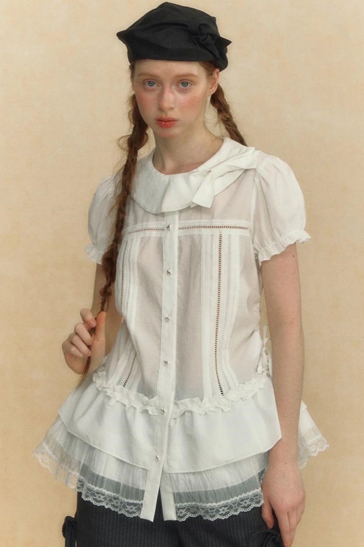 Chic Beige Stripe Lace Puff Sleeve Shirt