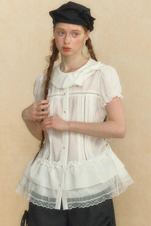Chic Beige Stripe Lace Puff Sleeve Shirt