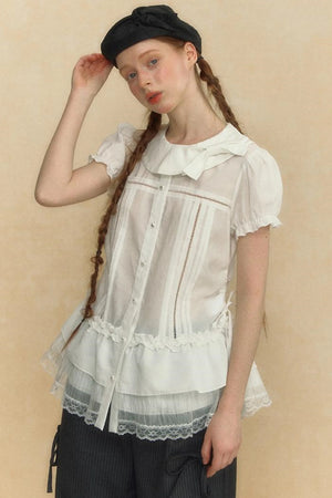 Chic Beige Stripe Lace Puff Sleeve Shirt