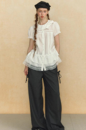 Chic Beige Stripe Lace Puff Sleeve Shirt