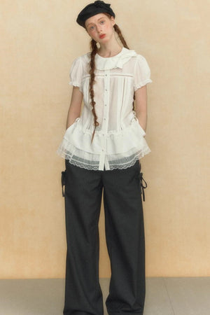 Chic Beige Stripe Lace Puff Sleeve Shirt